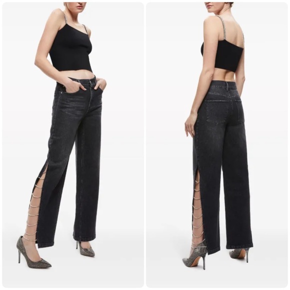 Alice + Olivia Denim - Alice + Olivia Gayle Crystal-Embellished Straight Leg Jean Charcoal Black 26